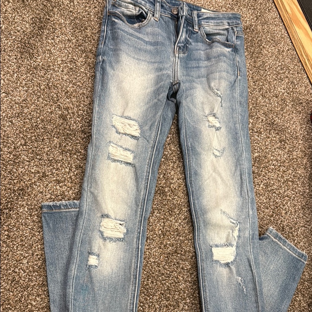Light Blue Distressed Skinny Jeans with Ripped Details